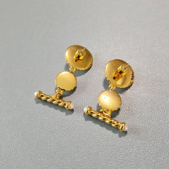 NWOT Frasier Sterling Derby Earrings Drop Dangle 14K Gold Plated Faux Pearl - Picture 3 of 4